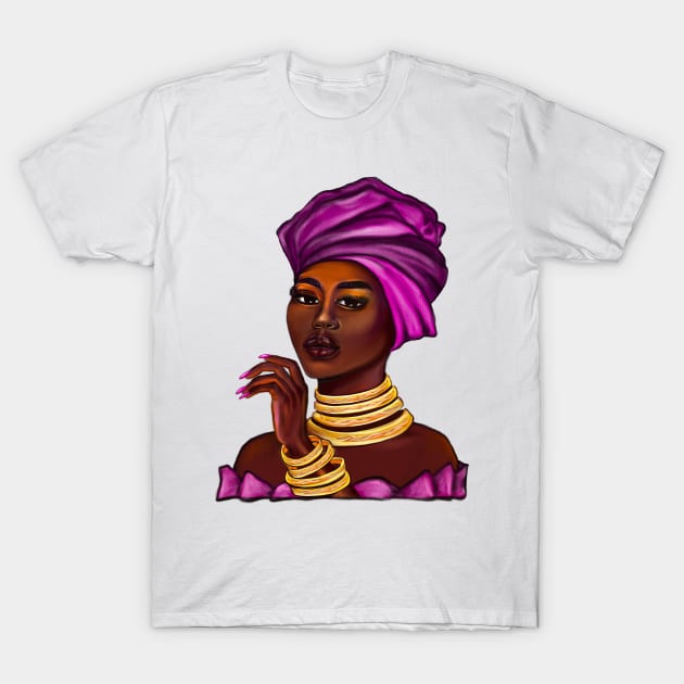 Queen side eye Black is beautiful black girl with Gold bangles, neck ring necklace, purple dress and head wrap, brown eyes and dark brown skin ! T-Shirt by Artonmytee